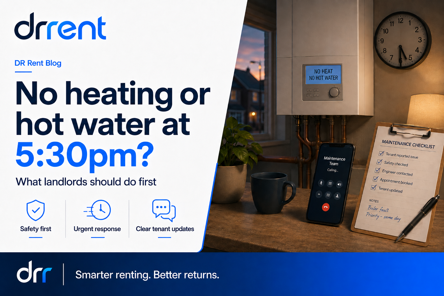 Landlord reviewing an urgent heating repair call while a boiler engineer attends a residential property in the evening.