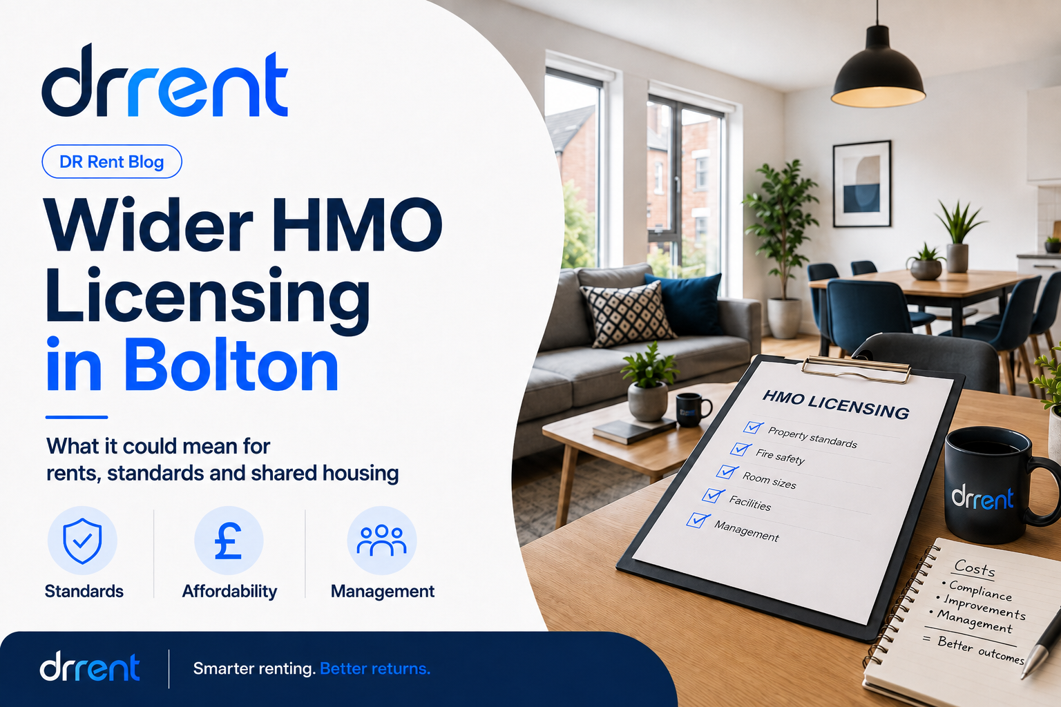 A clean, well-maintained shared house kitchen with a tenant reviewing property documents at a table.