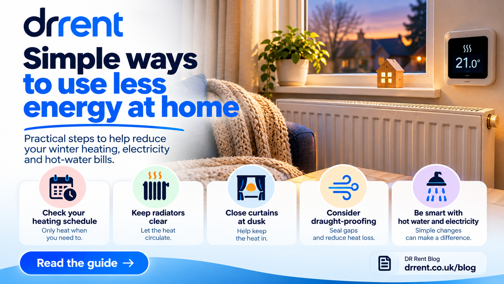 Energy bill beside heating instructions, with an unobstructed radiator and a removable door draught excluder in the background.