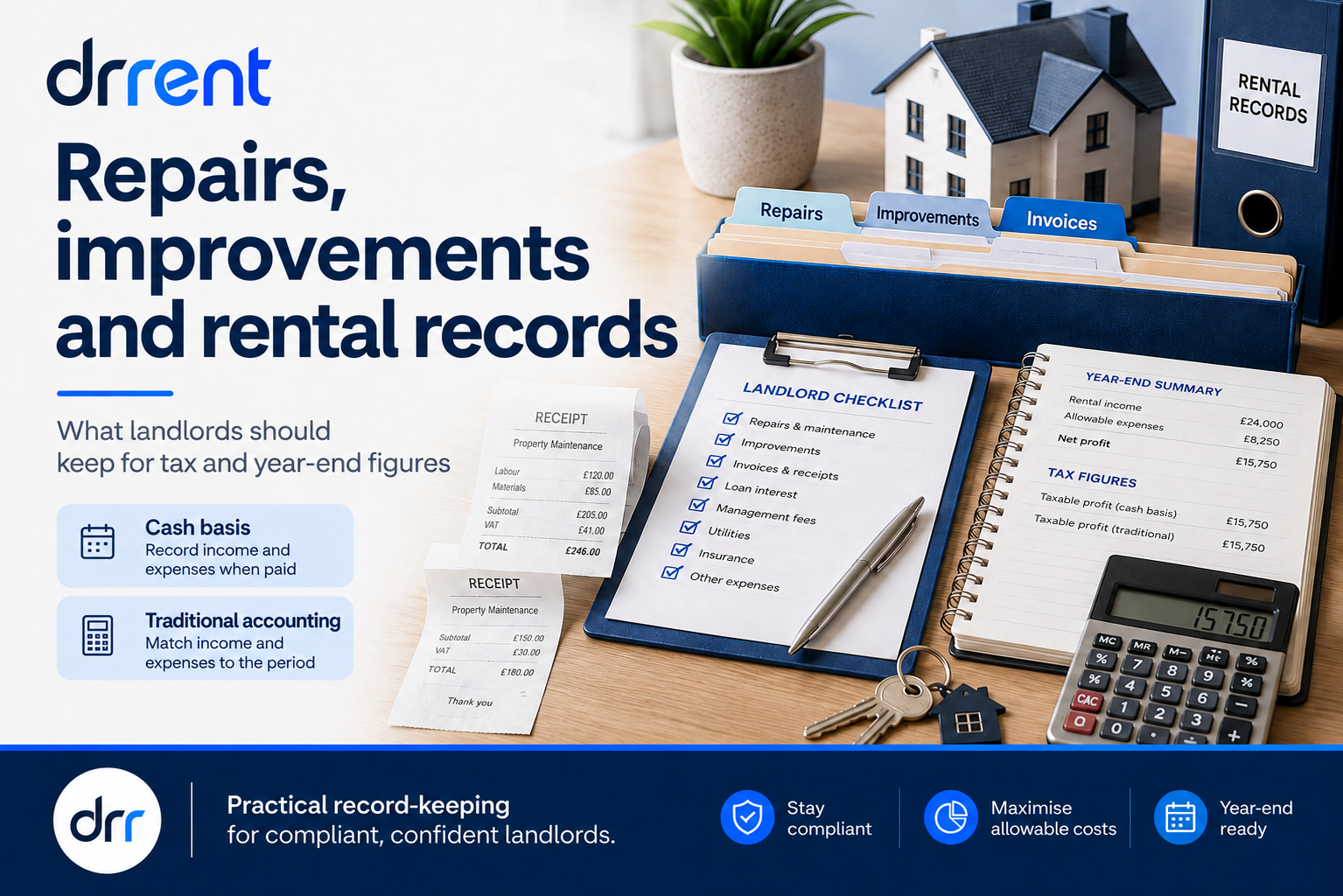 Landlord reviewing itemised repair invoices, photographs and property maintenance records at a desk.