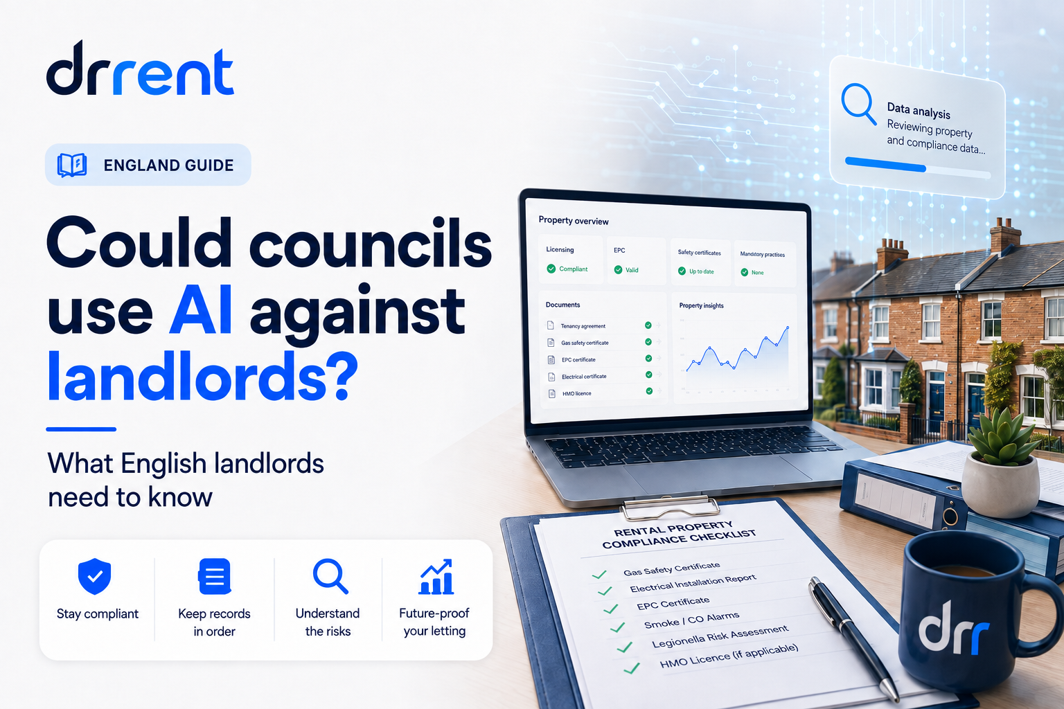 Landlord reviewing organised property compliance records while a council data dashboard highlights an address for human review.
