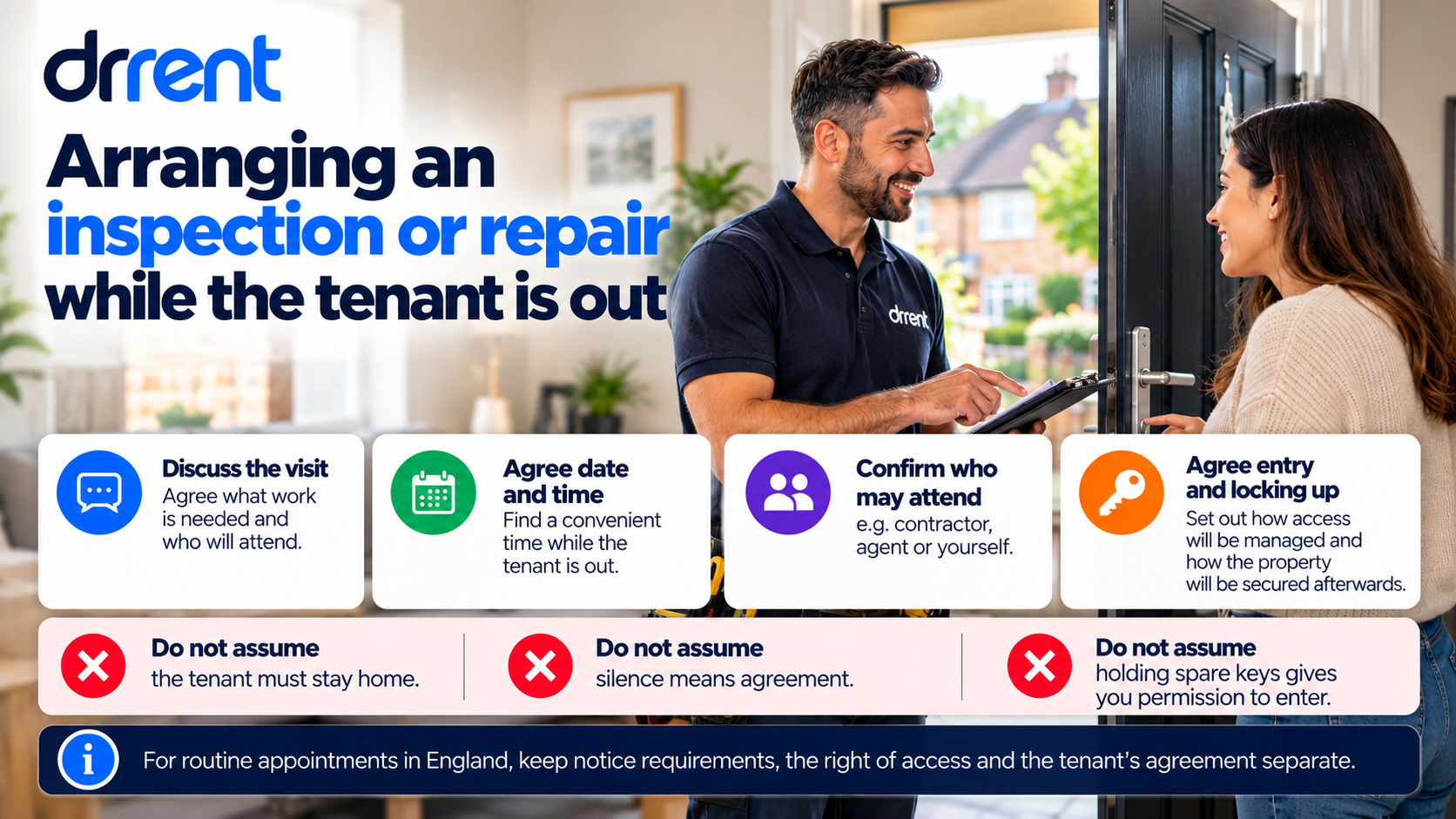 How should landlords in England arrange access for inspections and repairs when a tenant cannot be at home?