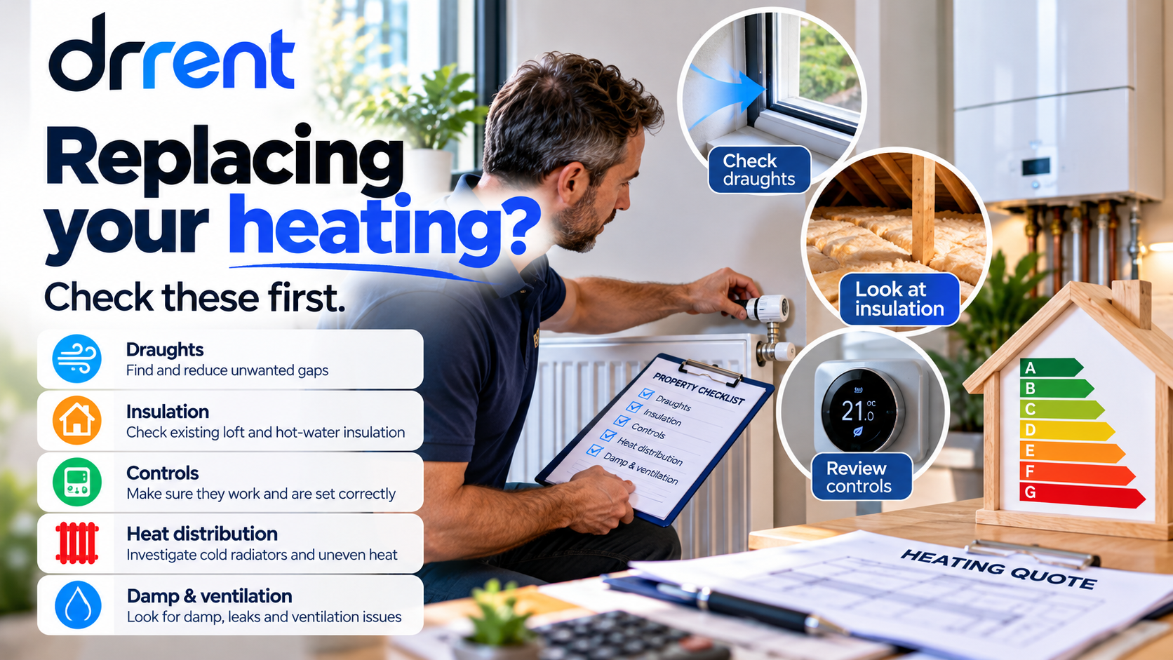 Illustrated rental home cutaway highlighting window seals, loft insulation, heating controls and radiators beside an improvement checklist.