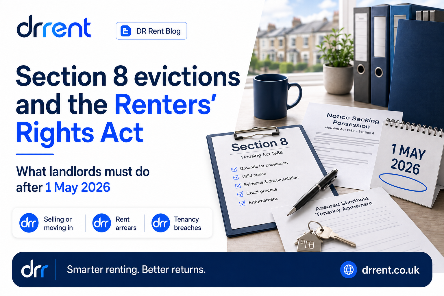 Landlord reviewing a Section 8 possession notice, rent records and tenancy documents at a desk
