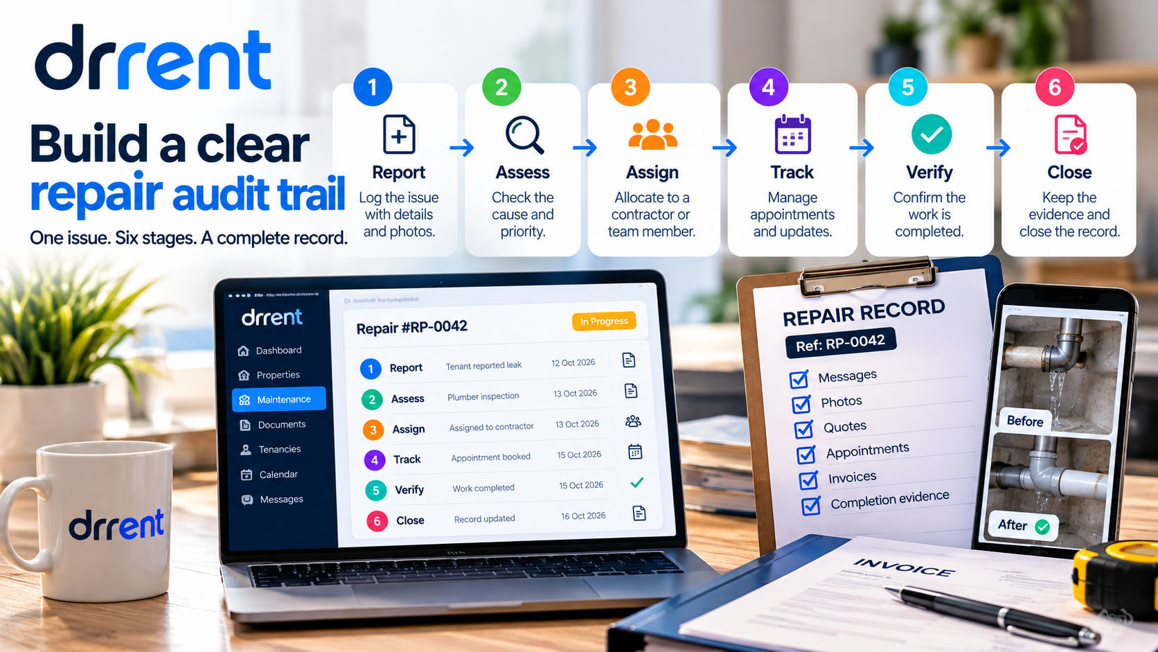 Six-stage landlord repair audit trail linking the tenant’s report, assessment, contractor brief, event log, completion evidence and closing update.